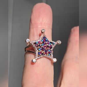 Multi gemstone Sterling & rose gold star ring Sz7